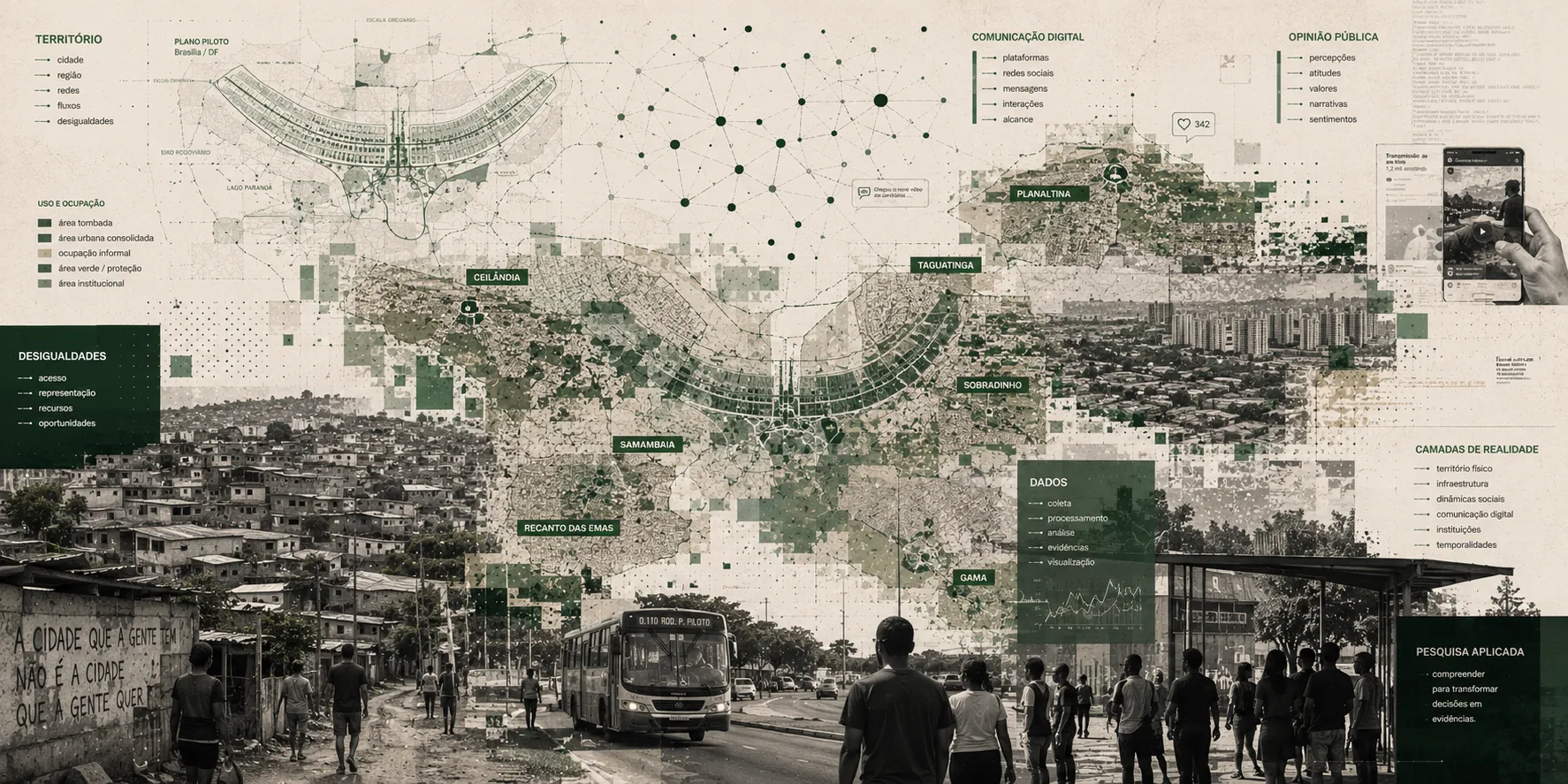 Composição cartográfica relacionando território urbano, desigualdades, comunicação digital e dados no Distrito Federal.