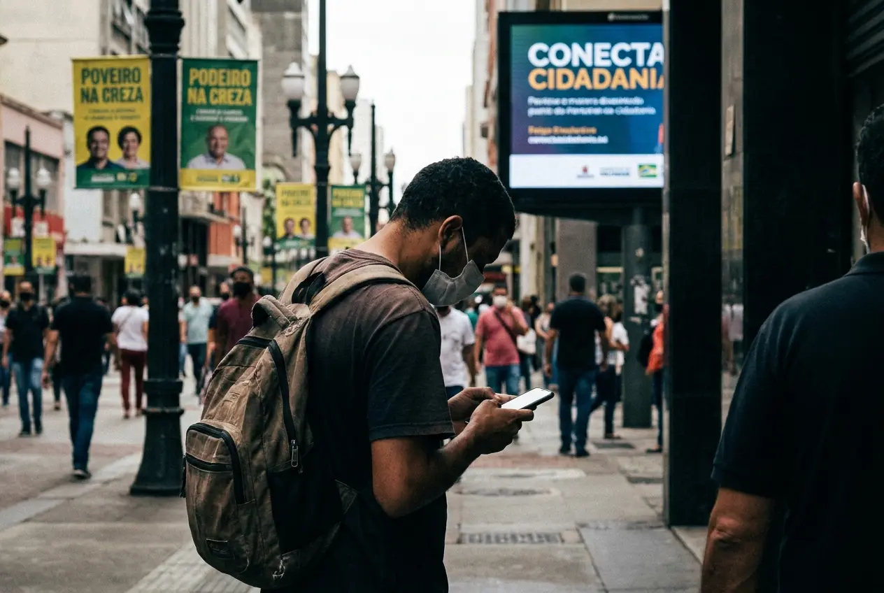 Rua comercial brasileira em período eleitoral: um pedestre consulta o celular entre cartazes de campanha e um painel digital de propaganda